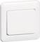 Biały włącznik światła w pozycji wyłączonej, prostokątny z zaokrąglonymi narożnikami, zamontowany na gładkiej białej ścianie.