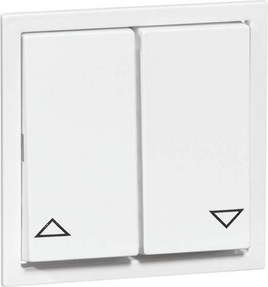 Biały przełącznik naścienny z dwoma przyciskami, oznaczony symbolami trójkąta skierowanego w górę i w dół.