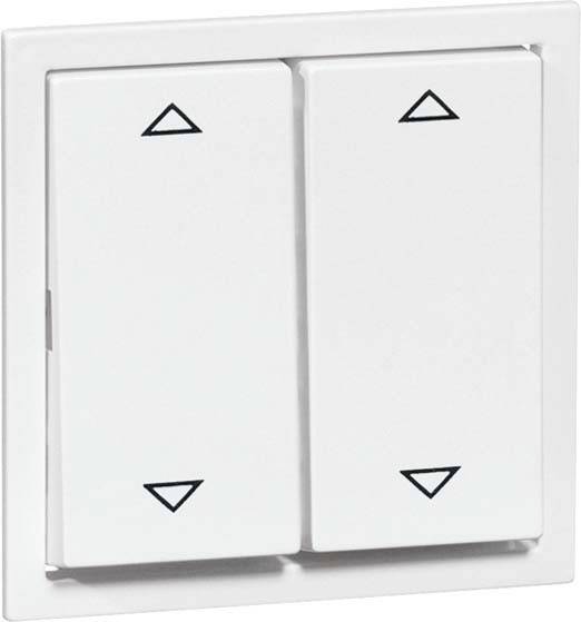 Włącznik świetlny z dwoma białymi przełącznikami z strzałkami skierowanymi w górę i w dół, służący do sterowania żaluzjami lub natężeniem światła.