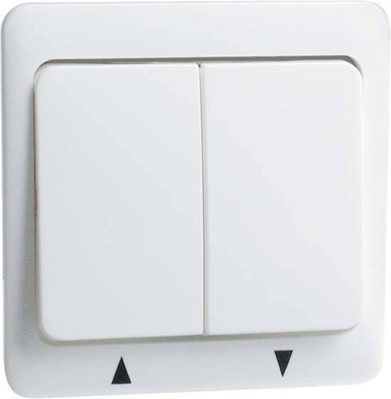 Podwójny włącznik światła z białego plastiku z strzałkami w górę i w dół; służy do sterowania oświetleniem.