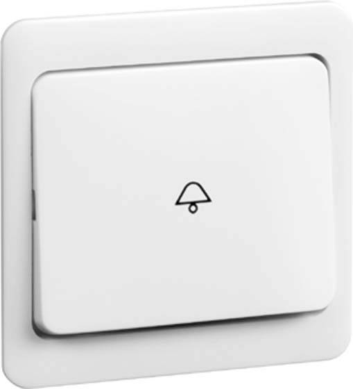 Biała przycisk dzwonka z symbolem dzwonka pośrodku.