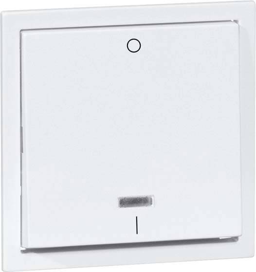 Włącznik światła w pozycji wyłączonej, prostokątny, biały, z małym oznaczeniem na dole i czarną kropką na górze do orientacji.