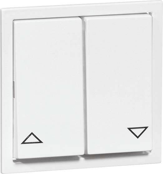 Dwa białe przełączniki ścienne z symbolami strzałek: lewy skierowany w górę, prawy skierowany w dół. Do sterowania roletami lub żaluzjami.