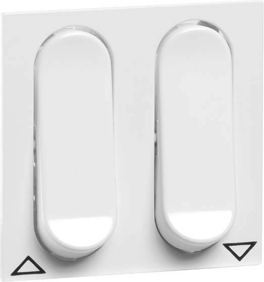 Biały podwójny przełącznik z dwoma włącznikami. Oba włączniki mają trójkątny symbol poniżej, wskazujący kierunki.