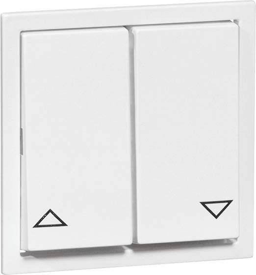 Dwa białe włączniki świetlne obok siebie, po lewej trójkąt skierowany w górę, po prawej trójkąt skierowany w dół, do sterowania roletami.