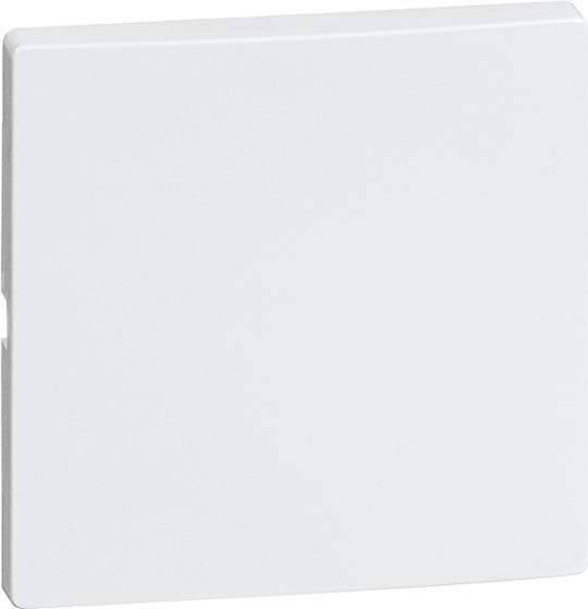 Prosty, jednokolorowy, kwadratowy przełącznik w kolorze białym bez widocznych oznaczeń lub przycisków, na białym tle.