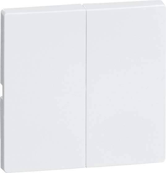 Dwa białe, kwadratowe przyciski świateł ułożone obok siebie na gładkiej powierzchni.