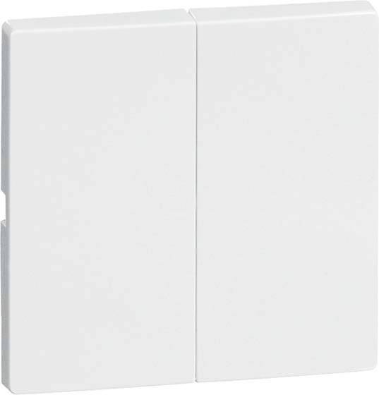 Dwa białe, prostokątne przyciski ułożone obok siebie na gładkiej powierzchni.