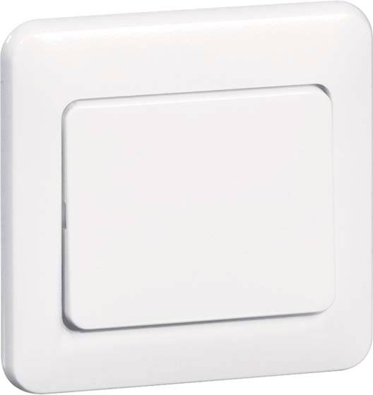 Kwadratowy, biały włącznik światła na ścianie, w stanie wyłączonym.