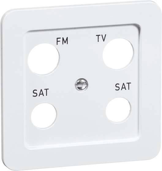 'Biała wielogniazdowa wtyczka z czterema otworami, każdy oznaczony: FM, TV oraz dwukrotnie SAT, zamontowana na białym tle.'