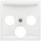 Biała, kwadratowa osłona z trzema okrągłymi otworami i centralną śrubą. Idealna do gniazdek w instalacjach elektrycznych.
