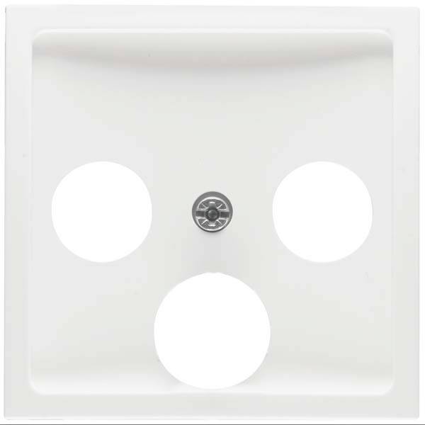 Biała pokrywa z trzema okrągłymi otworami i centralnym zamknięciem śrubowym.