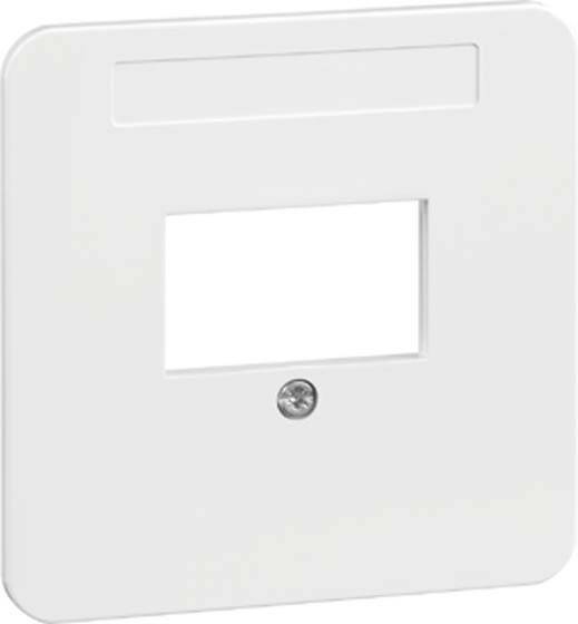 Kwadratowa biała płyta z tworzywa sztucznego z prostokątnym wycięciem i śrubą pośrodku, prawdopodobnie element obudowy lub urządzenia.