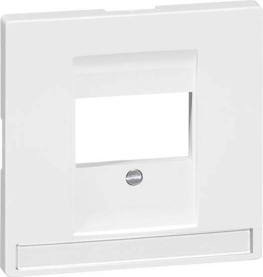 Biała, prostokątna osłona gniazdka elektrycznego z kwadratowym wycięciem pośrodku i śrubą poniżej.