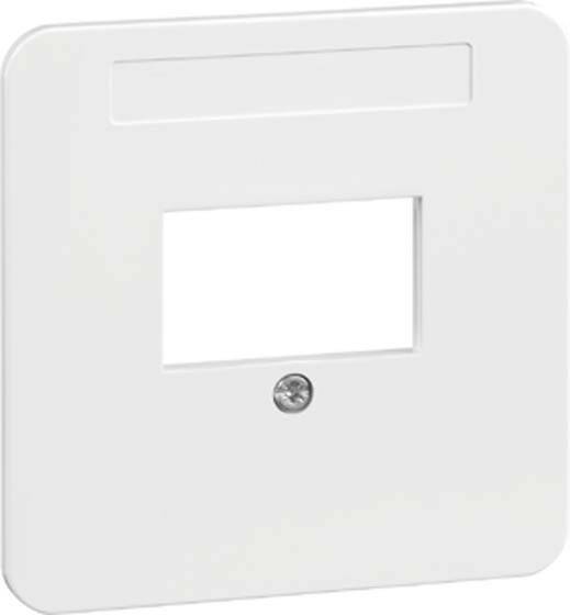 Biały, prostokątny plastikowy ramka z centralnym kwadratowym otworem i śrubą poniżej niego.