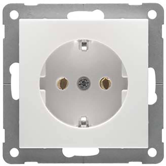 Białe gniazdko elektryczne na metalowej podstawie, sfotografowane z przodu.