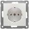Białe gniazdko elektryczne na metalowej podstawie, sfotografowane z przodu.