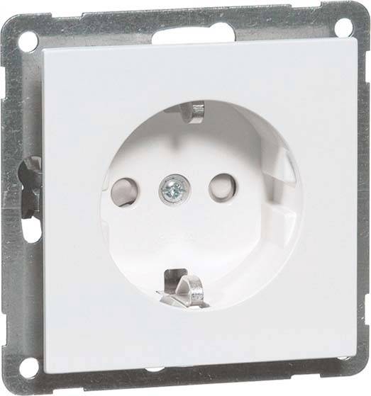 Biała wtyczka w metalowej ramce, widok z przodu.