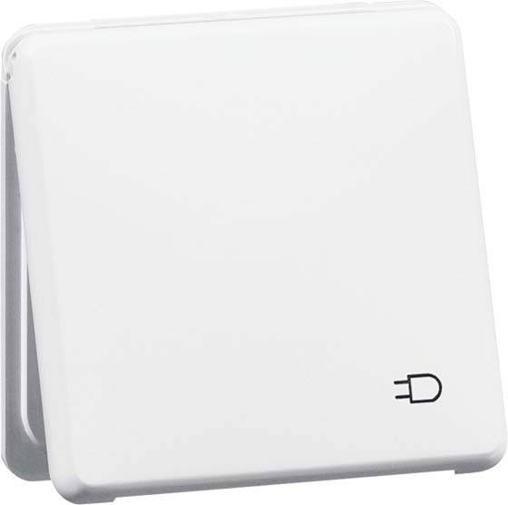 Białe, kwadratowe obudowa z tworzywa sztucznego z prostym, stylizowanym symbolem wtyczki na przedniej ściance.