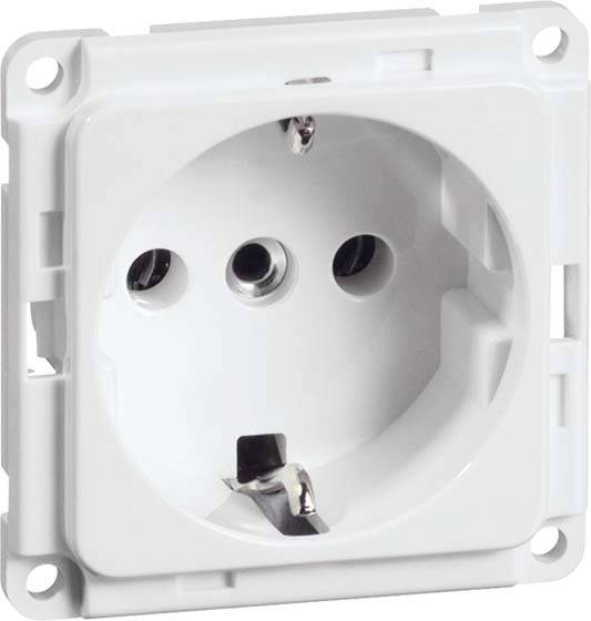 Biała europejska wtyczka elektryczna, widok z przodu. Posiada dwa otwory na wtyki i otwór uziemienia. Jest prostokątnego kształtu.