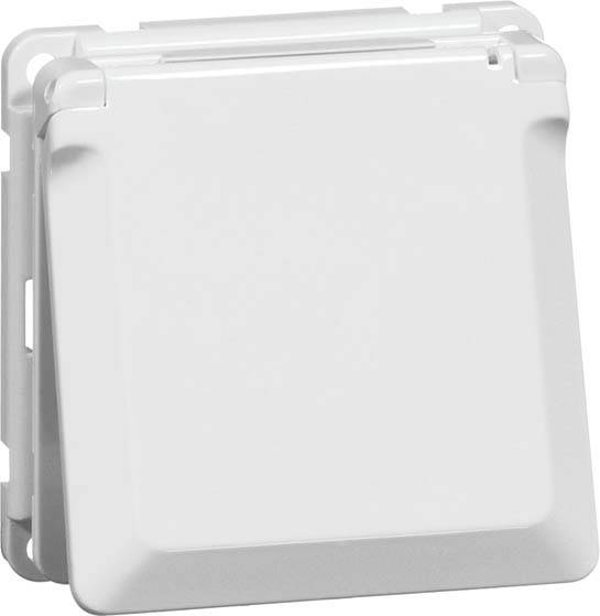 Biała osłona gniazda elektrycznego o zaokrąglonych narożnikach, w przeważająco kwadratowym kształcie, przeznaczona do użytku na zewnątrz.