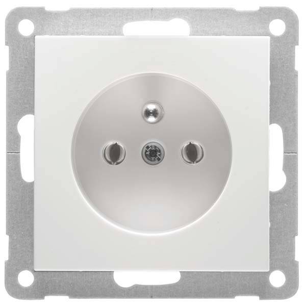 Biała wtyczka z dwoma otworami, odpowiednia dla wtyczek europejskich, zamontowana na metalowym uchwycie.