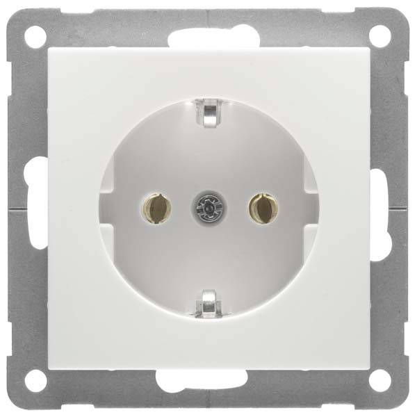 Biała ścienne gniazdo elektryczne z dwoma otworami i urządzeniem uziemiającym pośrodku, zamontowane na kwadratowej podstawie.