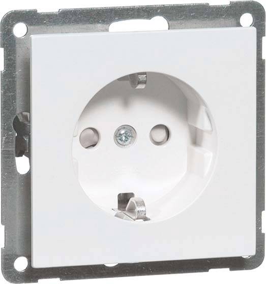 Biała europejska wtyczka elektryczna z bolcem uziemiającym, zamontowana na płytce naściennej.