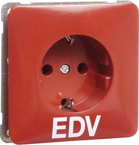 Czerwone gniazdo elektryczne z napisem 'EDV', wskazujące na zasilanie dla elektronicznego przetwarzania danych.