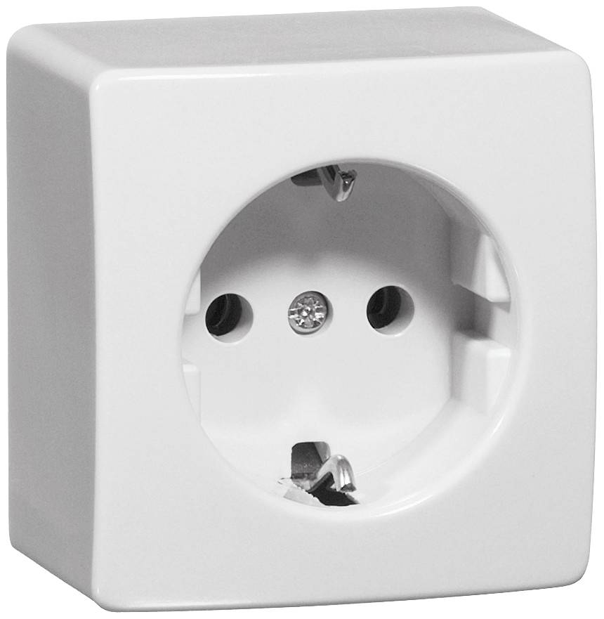 Biała, kwadratowa puszka ścienna z dwoma okrągłymi otworami pośrodku.