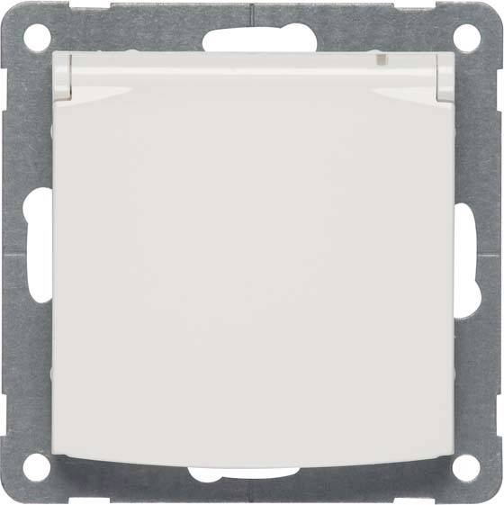 Biała osłona gniazda elektrycznego z kwadratową metalową ramką, odpowiednia do montażu wewnętrznego.