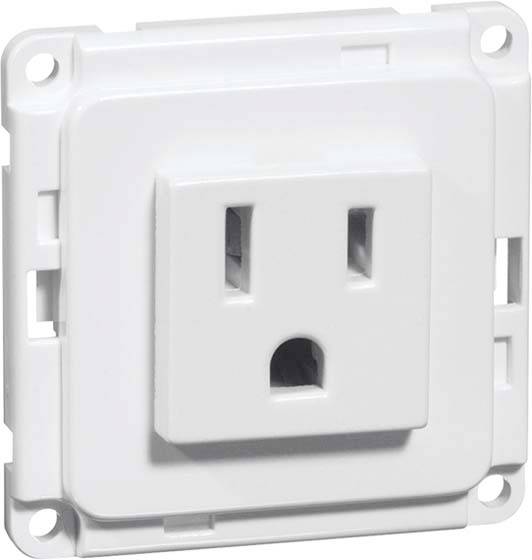 Biała wtyczka z kwadratową ramką, posiadająca dwie pionowe szczeliny oraz dolny otwór uziemienia.