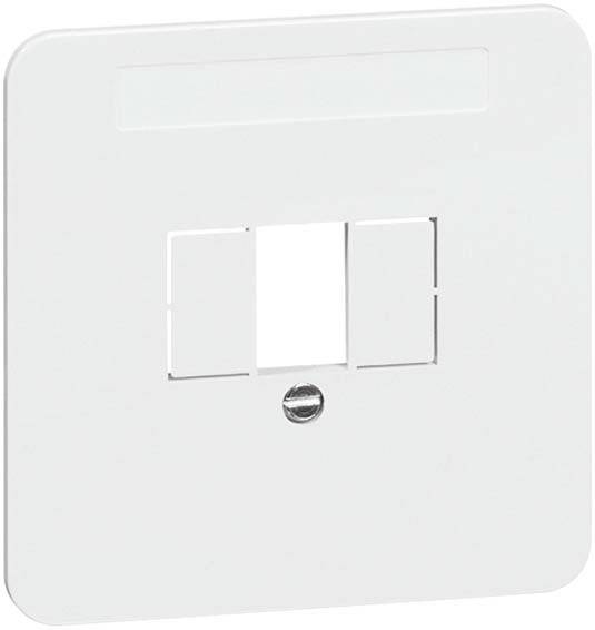 Dwie puste zaślepki portów sieciowych na białej płycie plastikowej z jedną śrubą pośrodku.