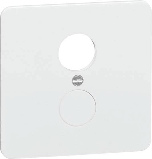 Kwadratowa, biała plastikowa osłona z dwoma wyciętymi okręgami, odpowiednia do montażu gniazdek elektrycznych; prosty design.