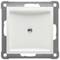 Kwadratowy, biały przełącznik światła w błyszczącej metalowej oprawie. Przełącznik jest wyśrodkowany na środku oprawy.