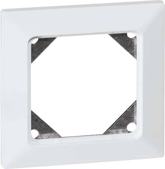 Kwadratowa, biała ramka z tworzywa sztucznego o zaokrąglonych narożnikach z czterema otworami do mocowania osłony przełącznika lub gniazda elektrycznego.
