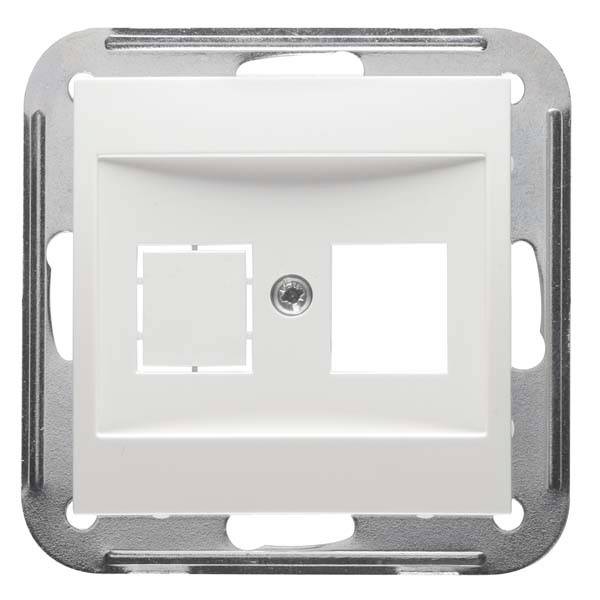 Prostokątna, biała plastikowa rama przeznaczona dla dwóch modułów slotowych, zamocowana na metalowej płycie nośnej.