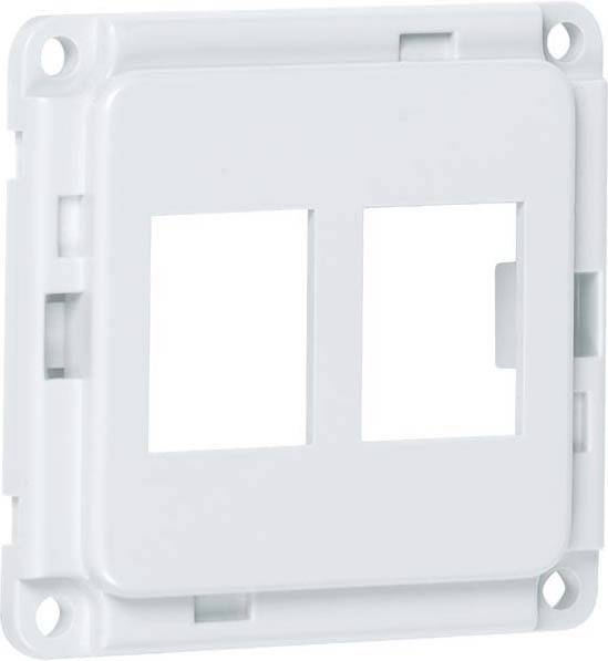 Biała plastikowa osłona do dwóch przełączników lub gniazd elektrycznych, w kształcie prostokąta, przeznaczona do montażu naściennego.