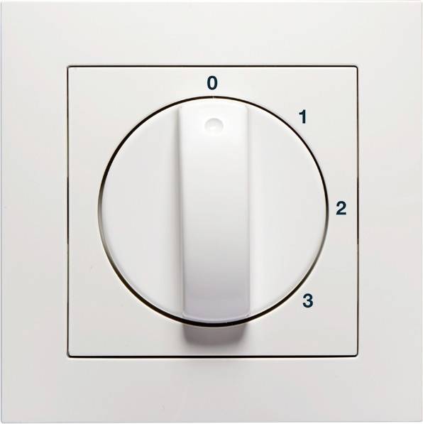 Biały przełącznik obrotowy na ścianie, oznaczony numerami od 0 do 3, wskazuje aktualnie pozycję na liczbie 0.