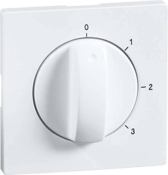 Biały przełącznik obrotowy z ustawieniami od 0 do 3, zamontowany na kwadratowej płytce, często stosowany w sterowaniu ogrzewaniem.