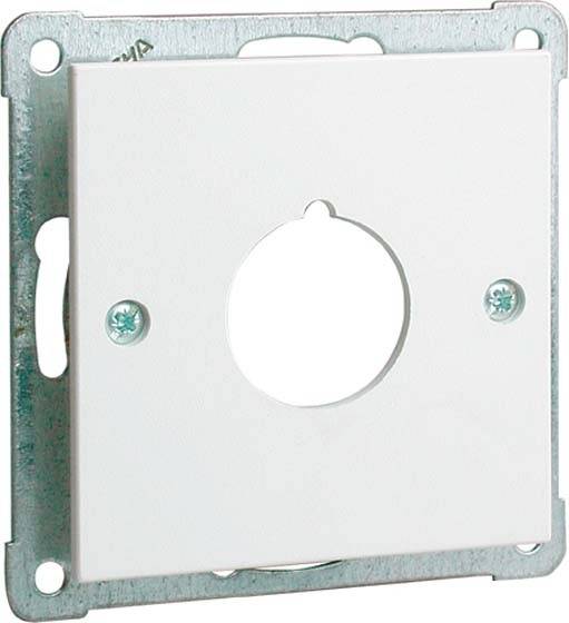 Biała osłona gniazda elektrycznego z okrągłym otworem pośrodku, zamocowana na metalowym uchwycie.