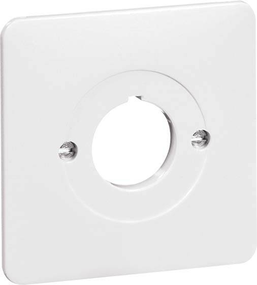 Kwadratowa, biała osłona z centralnym, okrągłym otworem oraz dwoma widocznymi śrubami po lewej i prawej stronie otworu.