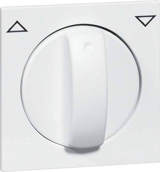 Biały przełącznik obrotowy na panelu ściennym z strzałkami wskazującymi kierunek góra-dół.