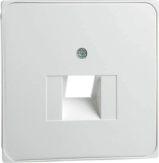 Biały włącznik światła z kwadratową płytką centralnie umieszczoną oraz małym symbolem na górze.