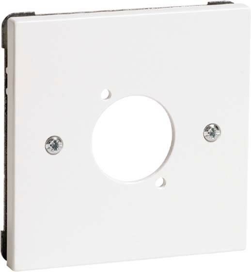 Biała kwadratowa pokrywa z centralnym otworem i dwoma śrubami mocującymi po przeciwnych stronach.