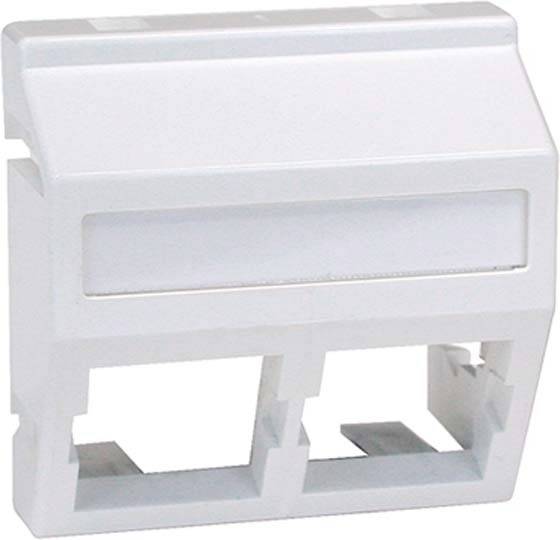 Biały moduł z tworzywa sztucznego z dwoma gniazdami u dołu i nieprzezroczystą strefą przykrycia górą, prawdopodobnie przeznaczony do elektrycznych przełączników.