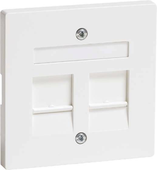 Biała, prostokątna puszka sieciowa z dwoma gniazdami Ethernet oraz dwoma śrubami do zamocowania na ścianie.