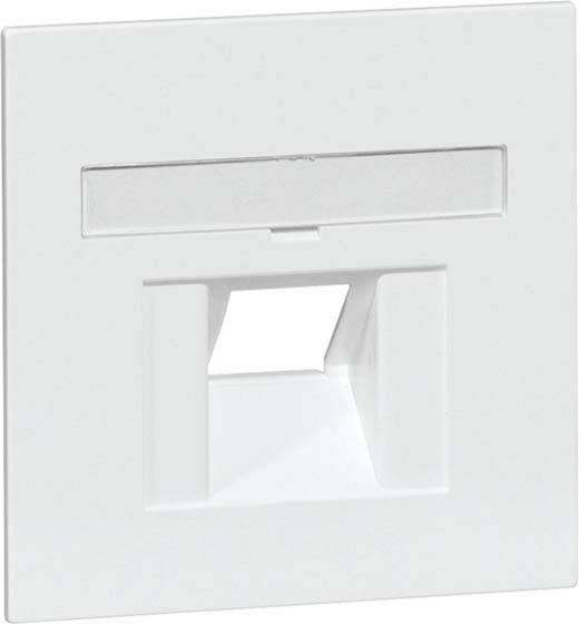 Biała, prostokątna płytka ścienna z wycięciem pośrodku przeznaczonym na gniazdo sieciowe lub telefoniczne, bez widocznych przyłączy.