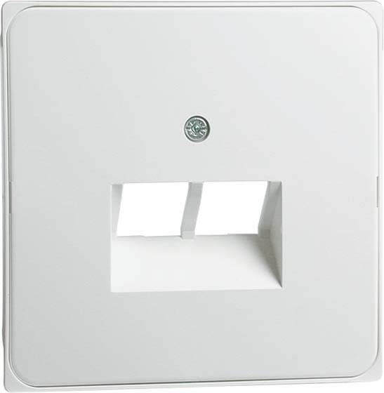 Biały włącznik naścienny z małym, okrągłym metalowym przyciskiem pośrodku oraz dwoma prostokątnymi otworami poniżej.