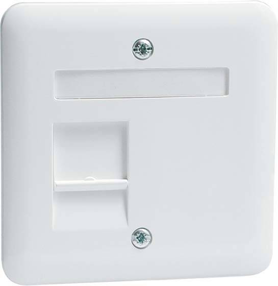 Biały włącznik naścienny z prostokątną płaszczyzną przycisku i dwoma widocznymi śrubami w górnych narożnikach.
